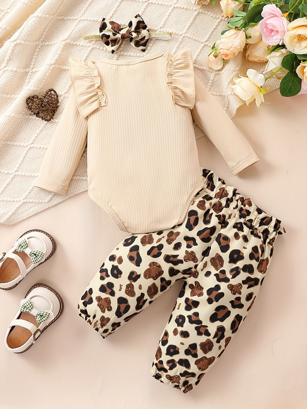 Cute Baby 3pcs Outfits - Floral/leopard Pants & Ruffle Long Sleeve Infant Romper & Headband Set Outdoor Set