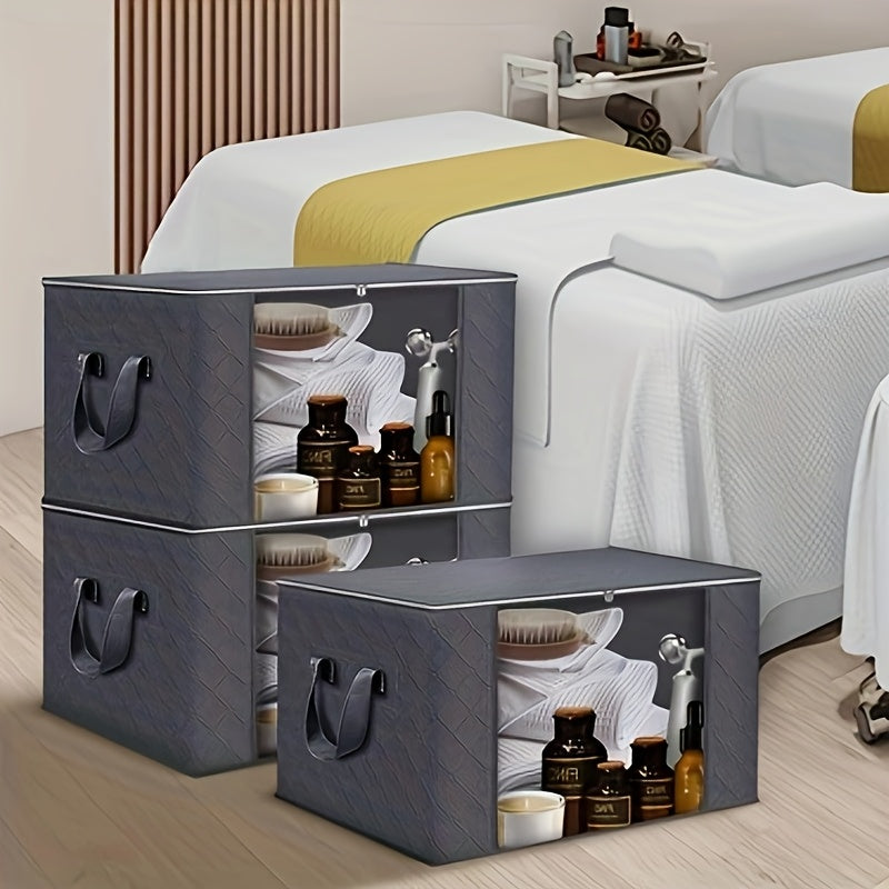 Large Capacity 3-Pack Foldable Grey Woven Fabric Storage Bins - Ideal for Home, Bedroom, Dorm, Spa Wardrobes - No Electricity Needed