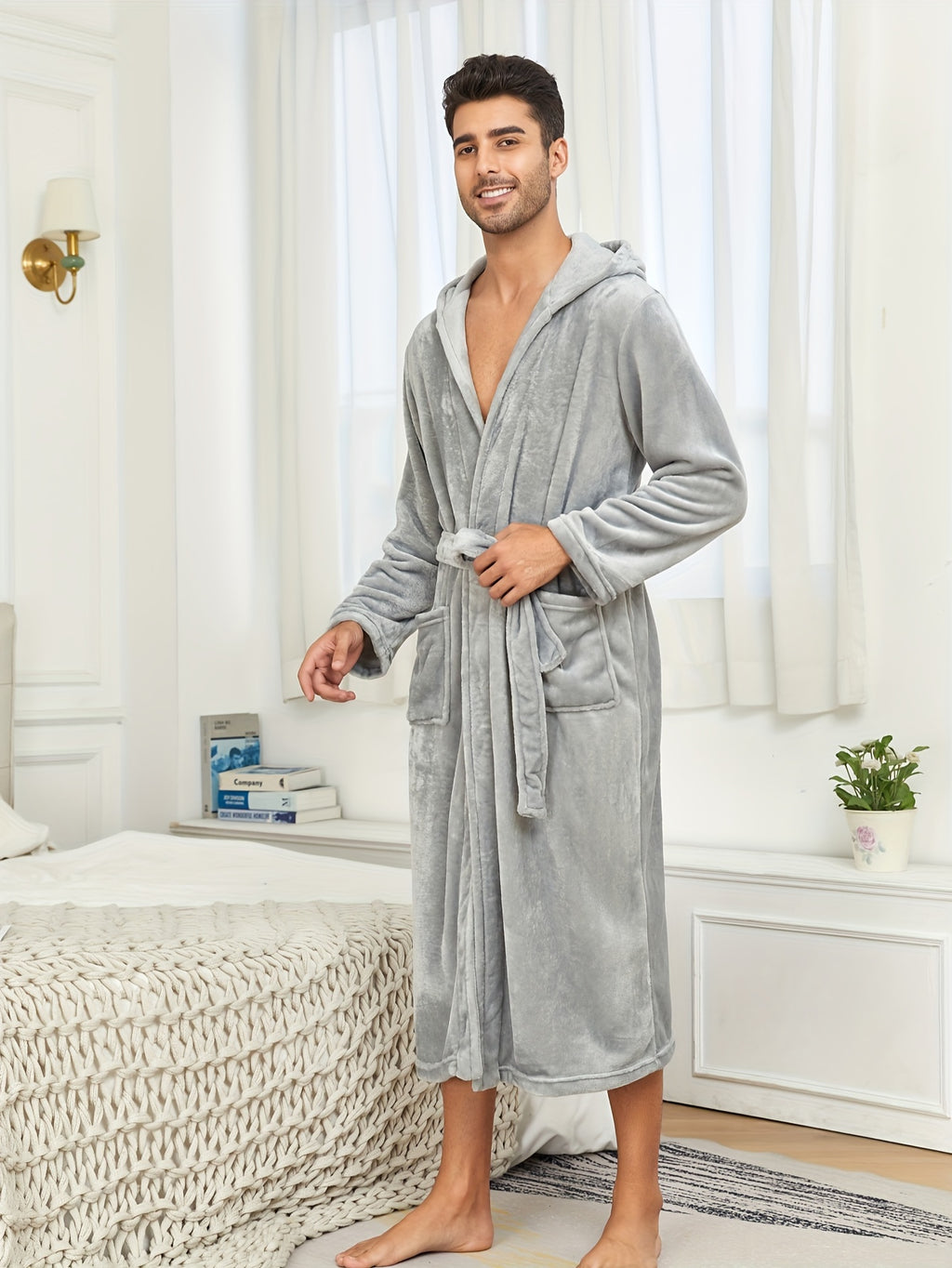 Ultra-Soft Flannel Double Layer Hooded Bathrobe for Men - Breathable, Comfy, Solid Color, with Belt, Perfect for Home Pajamas, Sleepwear, Night-Robe, After Bath Relaxation, Plush, Cozy, and Warm