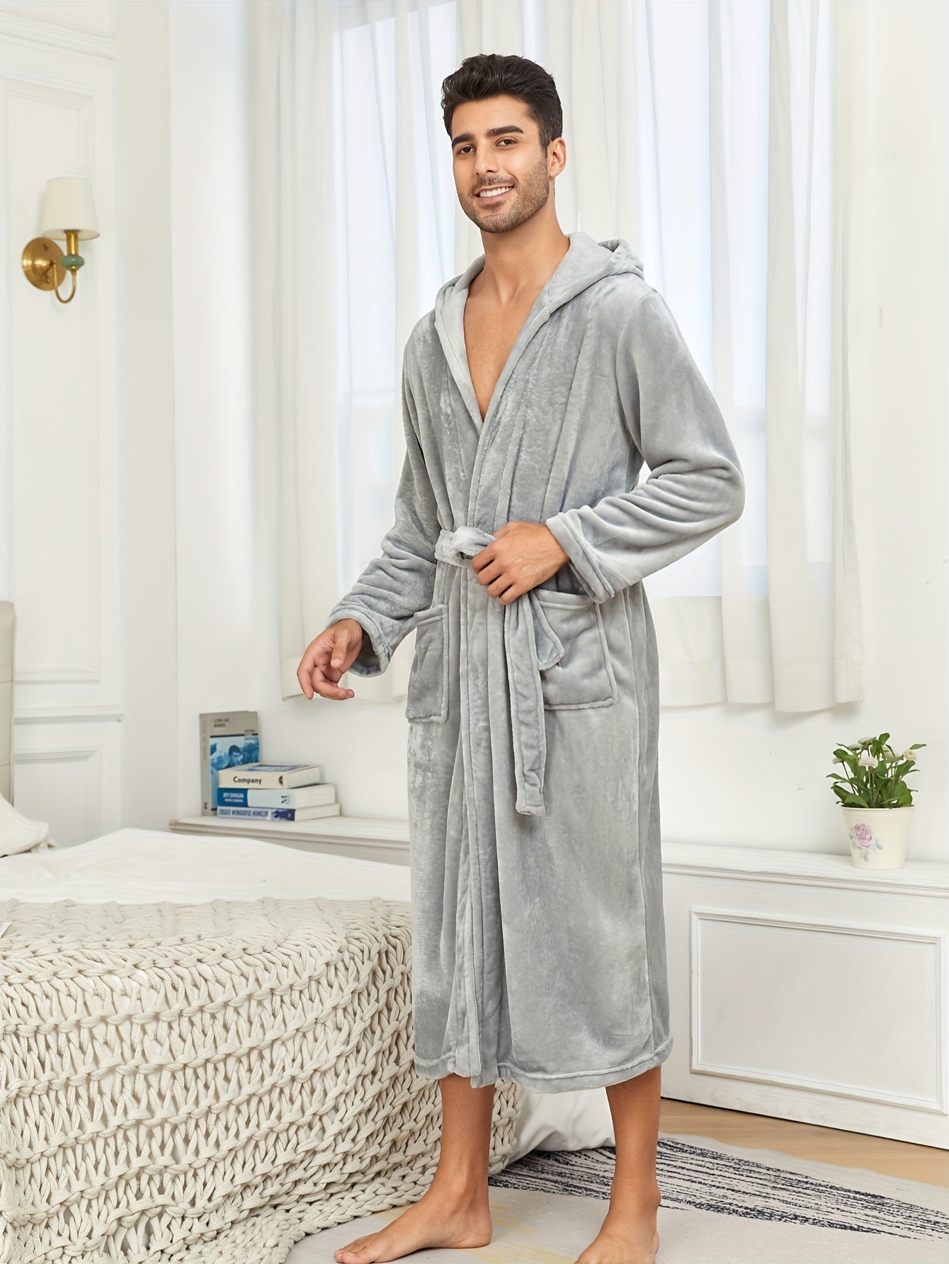 Ultra-Soft Flannel Double Layer Hooded Bathrobe for Men - Breathable, Comfy, Solid Color, with Belt, Perfect for Home Pajamas, Sleepwear, Night-Robe, After Bath Relaxation, Plush, Cozy, and Warm