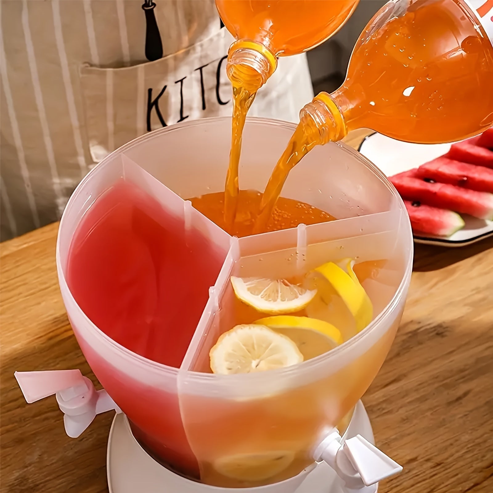 1pc, Rotary Beverage Dispenser, 5L/169oz Heavy Duty Plastic Drink Dispenser, 3 Compartments Water Dispenser, For Parties, Wedding, Drinkware, Kitchen Stuff, Home Kitchen Items