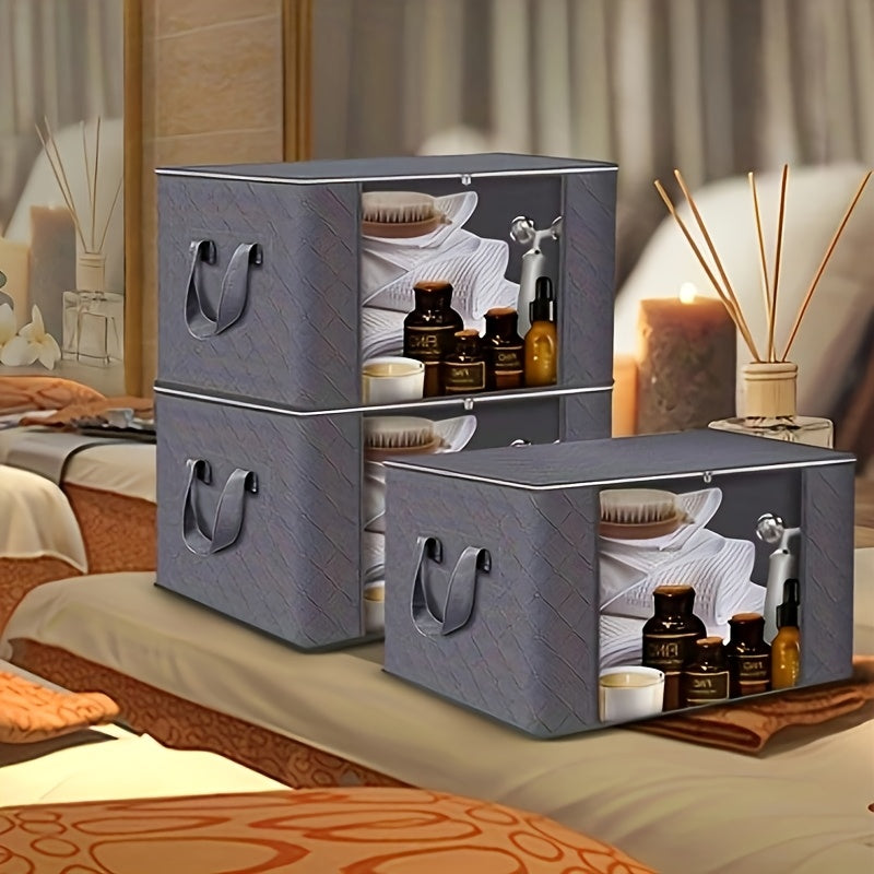 Large Capacity 3-Pack Foldable Grey Woven Fabric Storage Bins - Ideal for Home, Bedroom, Dorm, Spa Wardrobes - No Electricity Needed