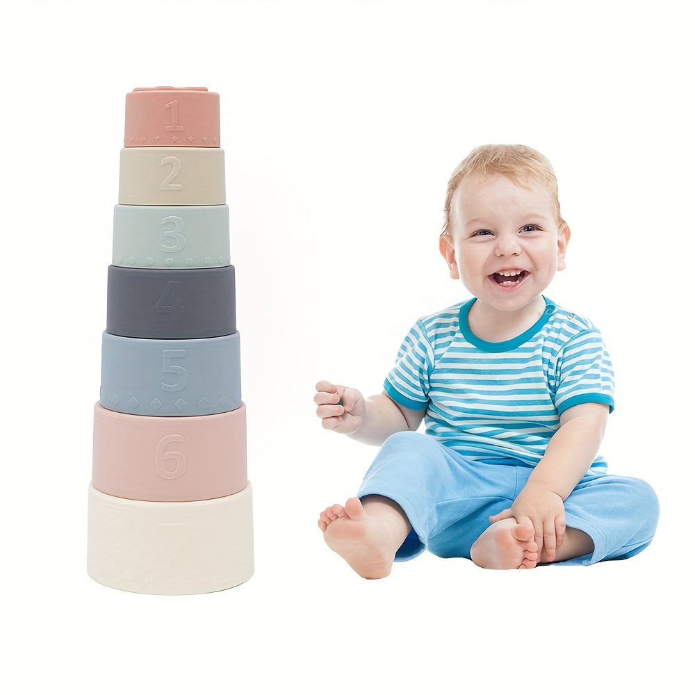 7pcs Baby Stacking Cups Toys, Silicone Multifunction Rainbow Stacking Tower Kids Puzzle Toy, Children Building Blocks Educational Toys