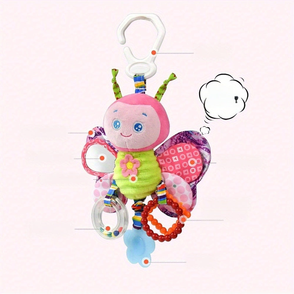 Baby Stroller Pendant Toy, Deep Pink, Polyester Fiber, Ringing, Plush Cartoon, Colorful and Stimulating, with Safety Seats, Haha Mirror, Sound Paper, Grab Loop, with Gum, for Baby