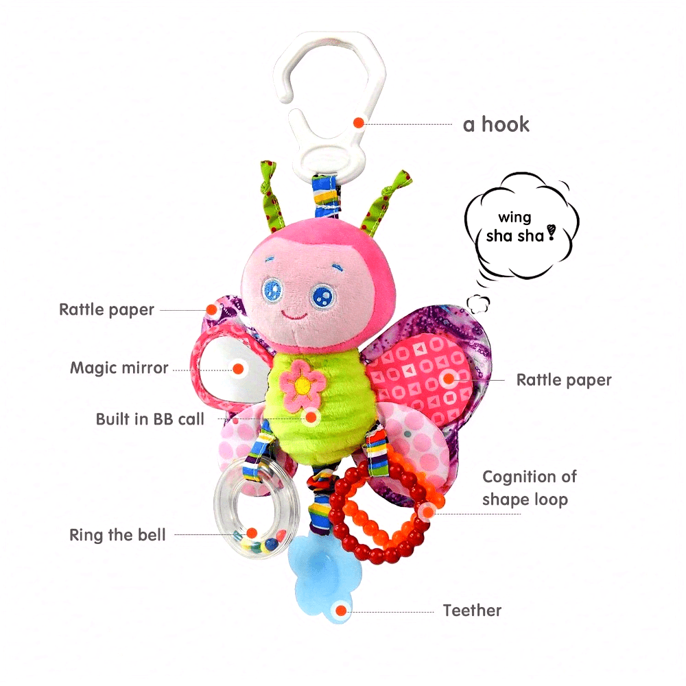 Baby Stroller Pendant Toy, Deep Pink, Polyester Fiber, Ringing, Plush Cartoon, Colorful and Stimulating, with Safety Seats, Haha Mirror, Sound Paper, Grab Loop, with Gum, for Baby