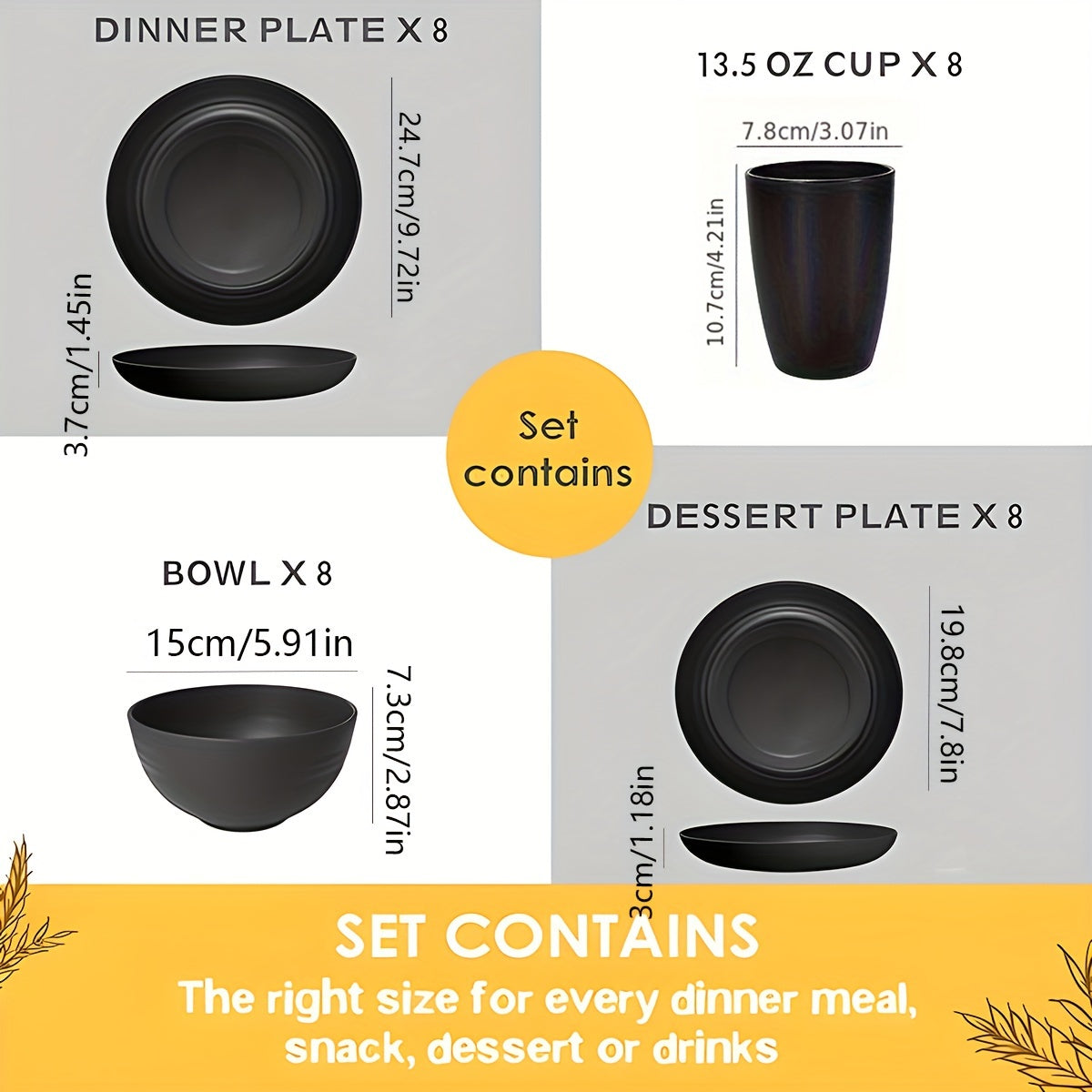 4/16/32pcs, Dinnerware Set, Matte Black Plastic Kitchen Dining Set, Includes 8 Dinner Plates, 8 Dessert Plates, 8 Bowls, 8 Cups Reusable, BPA-Free, For Home And Restaurant Use