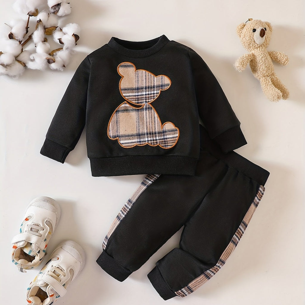 Popular Baby Plaid Bear Embroidery Set - Sweatshirt Tops Pants