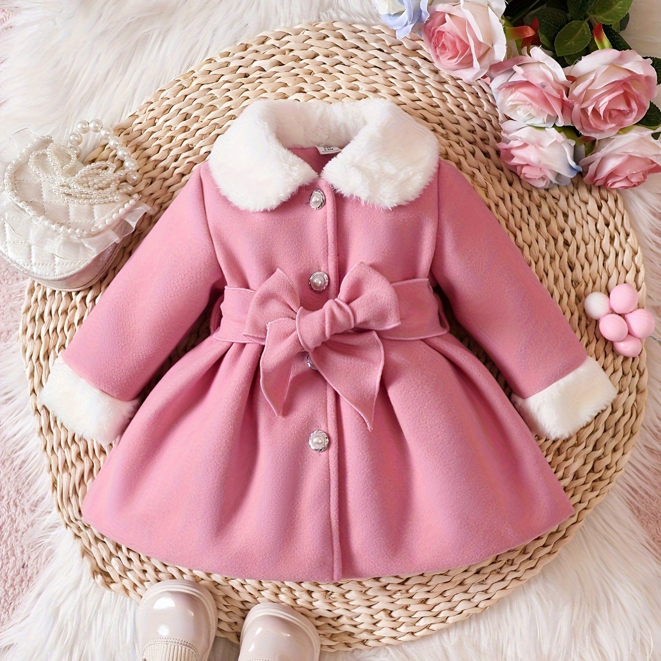 Baby's Elegant Fuzzy Collar Belted Coat, Button Front Warm Overcoat, Baby Girl's Clothing For Fall Winter Outdoor