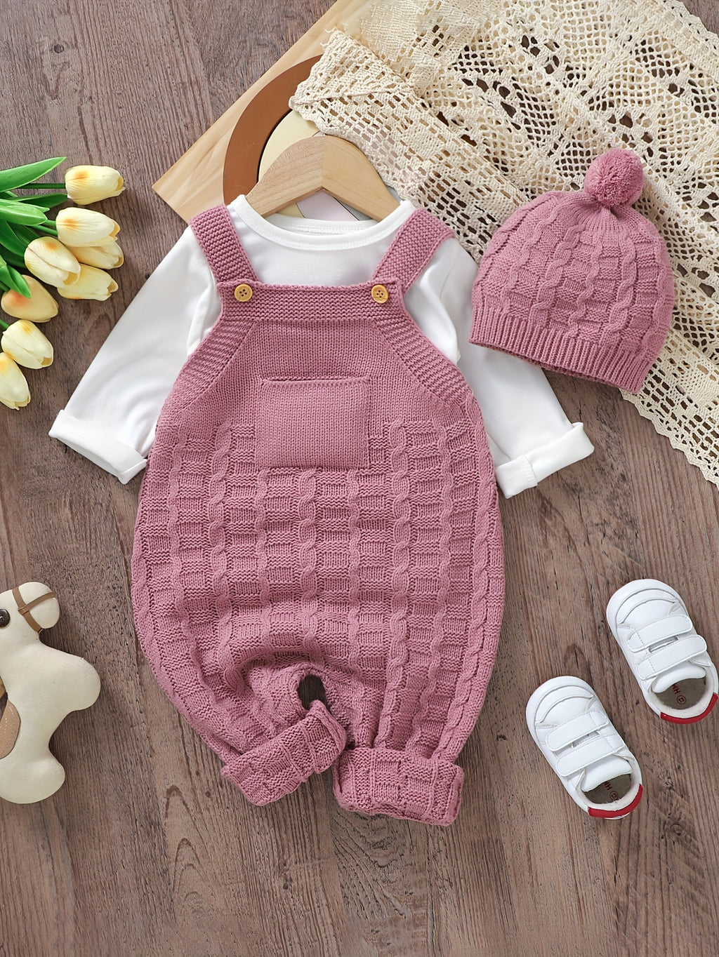 Infant Baby Wool Knitted Suspender Jumpsuit, Long Legs Climbing Suit With Hat Set Without Lining