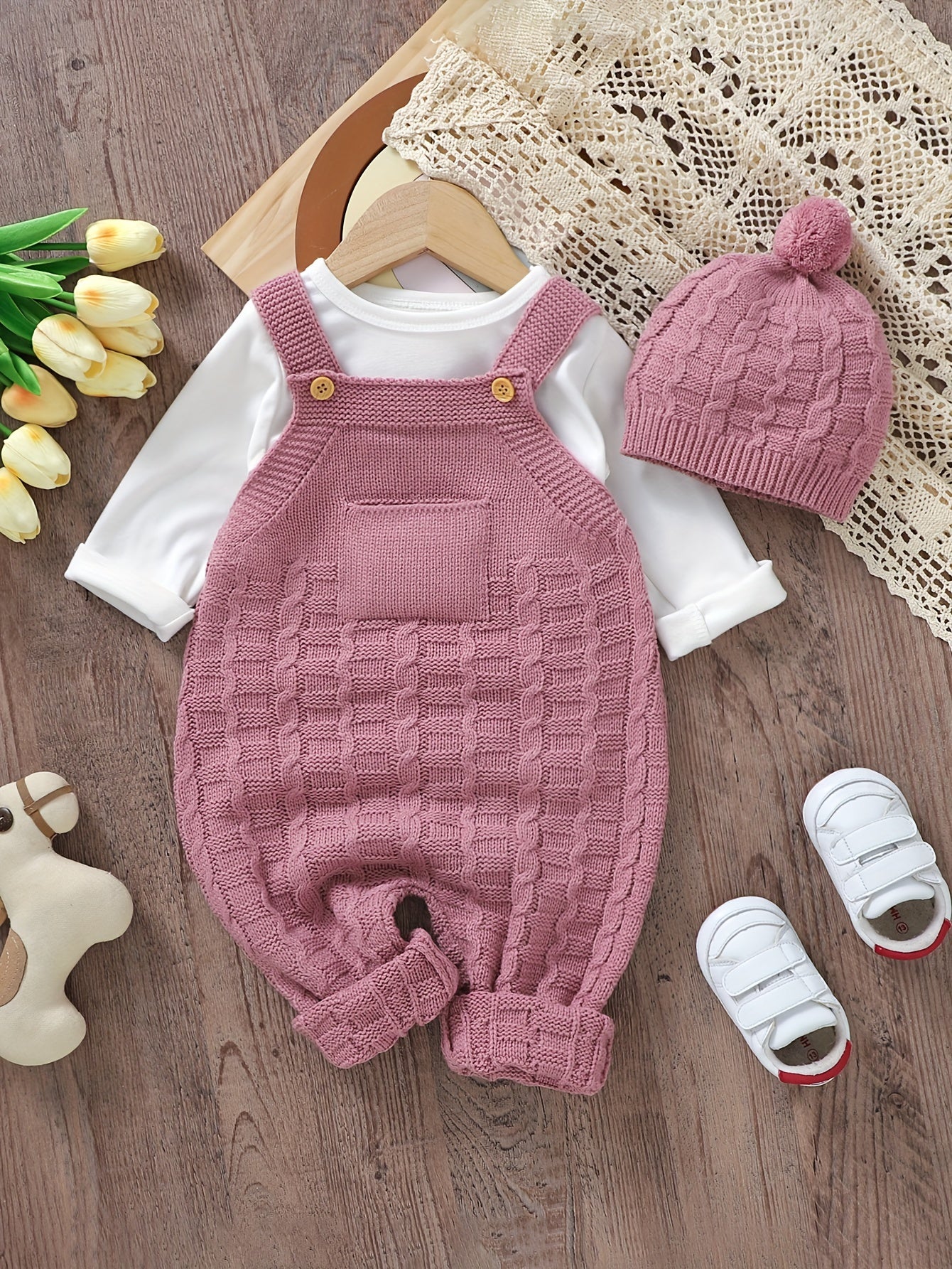 Infant Baby Wool Knitted Suspender Jumpsuit, Long Legs Climbing Suit With Hat Set Without Lining