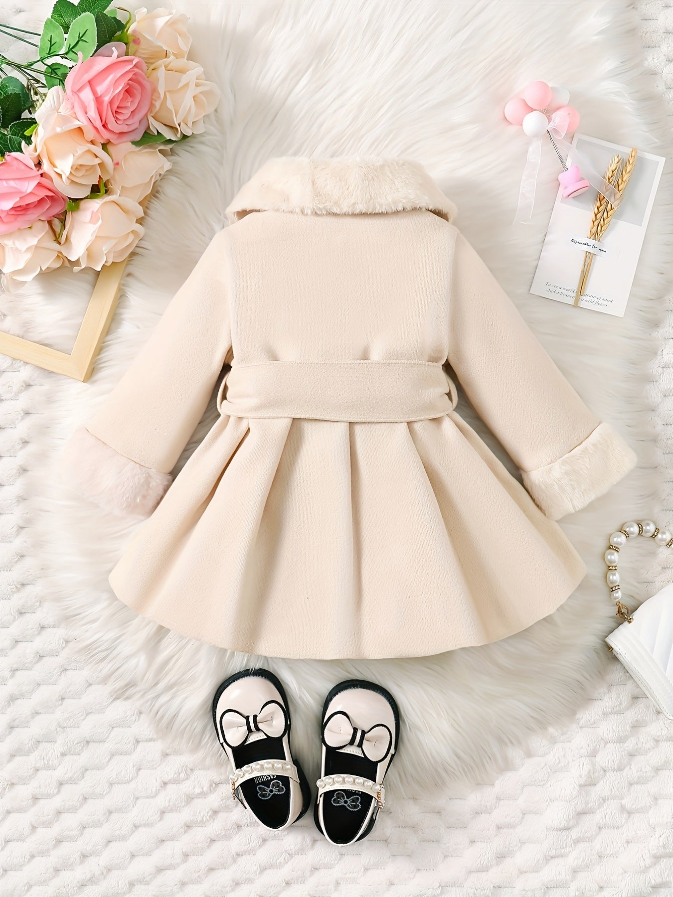 Baby's Elegant Fuzzy Collar Belted Coat, Button Front Warm Overcoat, Baby Girl's Clothing For Fall Winter Outdoor