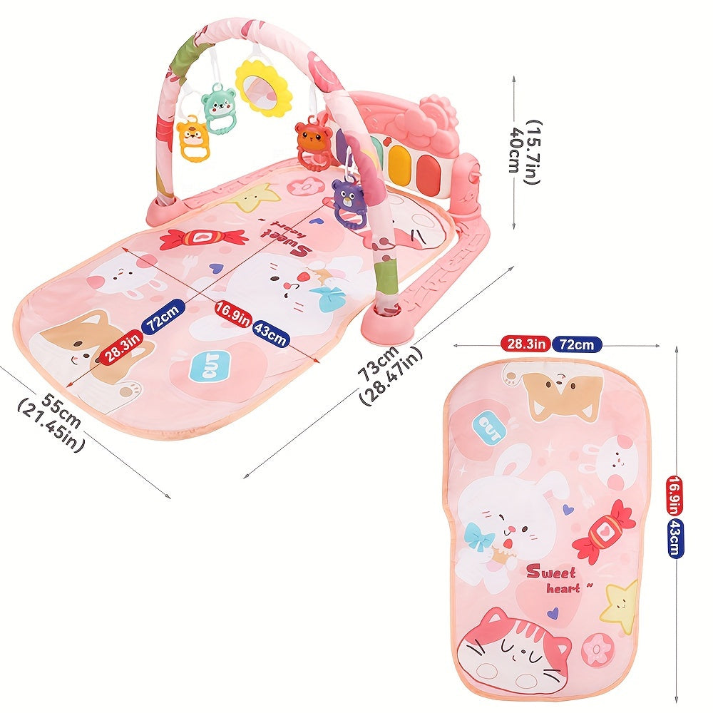 Multifunctional Baby Play Mat with Fitness Gym, Newborn Activity Playmat with Hanging Rattles, Music Box, Kick n Play Piano, Light-Up Keys, Animal & Space Theme, Non-Toxic Plastic, 0-3 Years