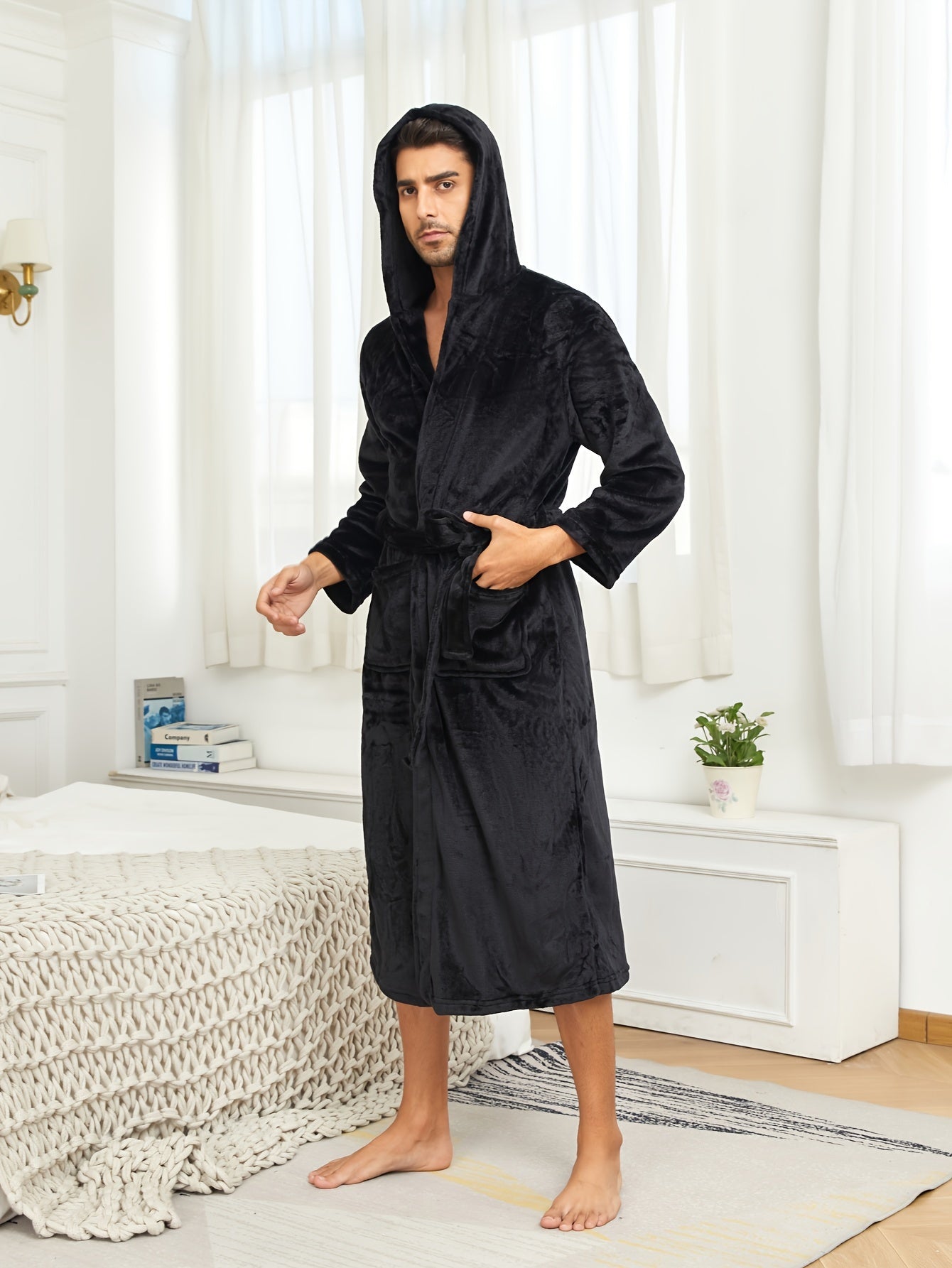 Ultra-Soft Flannel Double Layer Hooded Bathrobe for Men - Breathable, Comfy, Solid Color, with Belt, Perfect for Home Pajamas, Sleepwear, Night-Robe, After Bath Relaxation, Plush, Cozy, and Warm