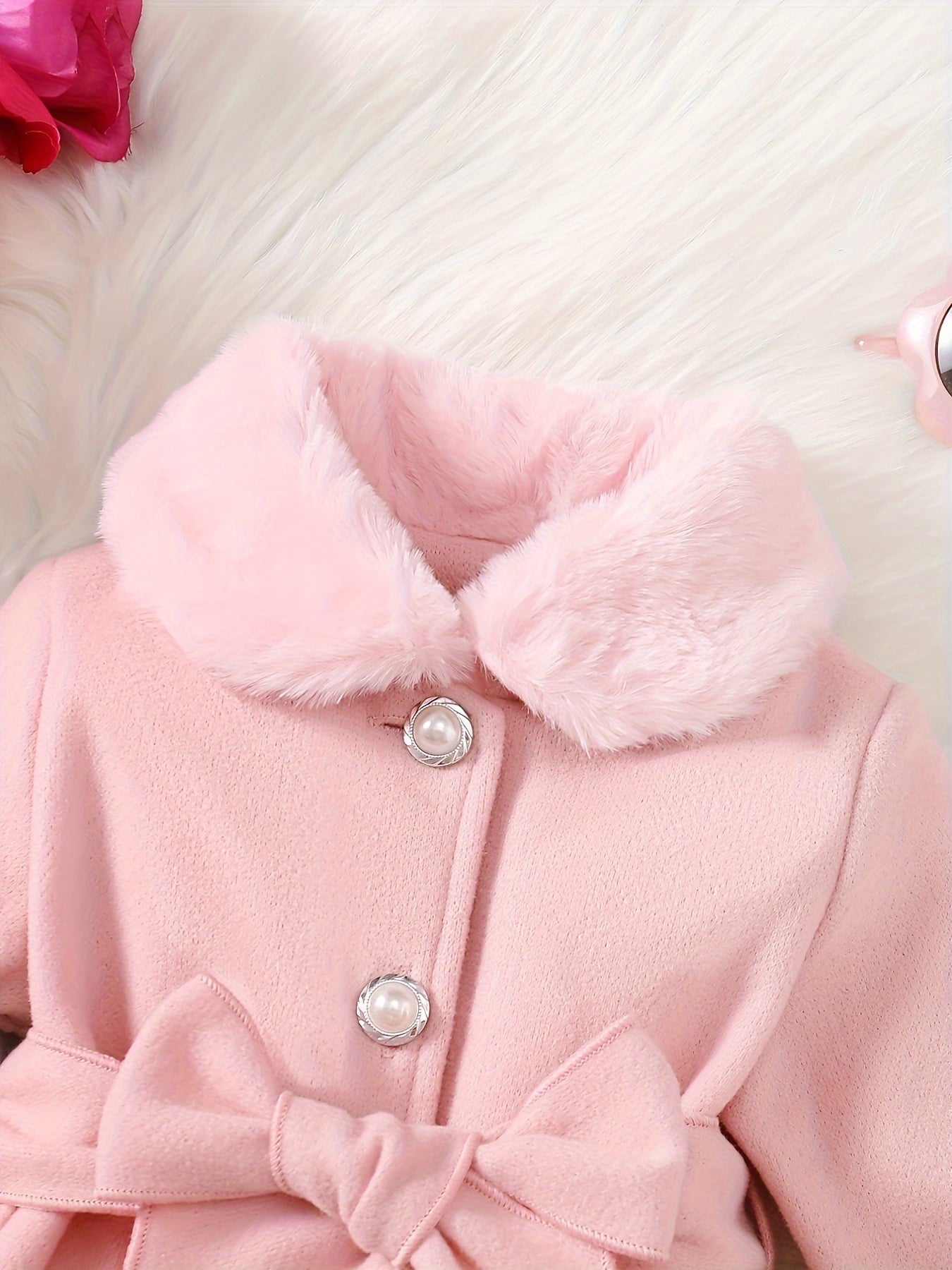 Baby's Elegant Fuzzy Collar Belted Coat, Button Front Warm Overcoat, Baby Girl's Clothing For Fall Winter Outdoor