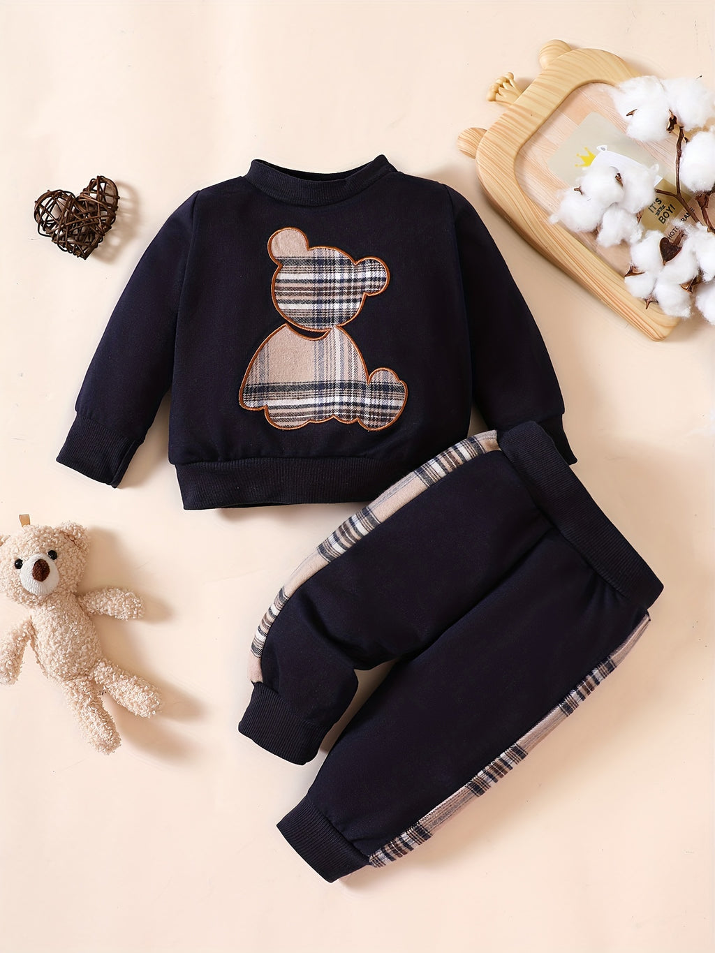 Popular Baby Plaid Bear Embroidery Set - Sweatshirt Tops Pants
