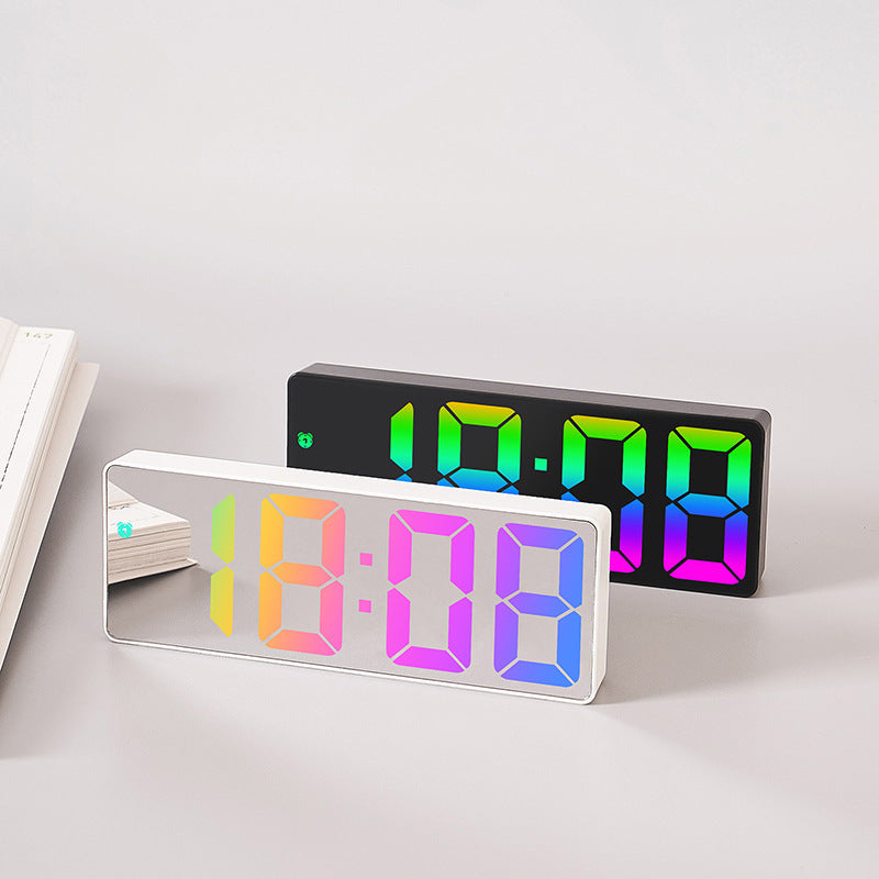 Colorful LED Alarm Clock with HD Mirror Display, Temperature, Adjustable Brightness & USB/Battery Option - Perfect for Home & Travel