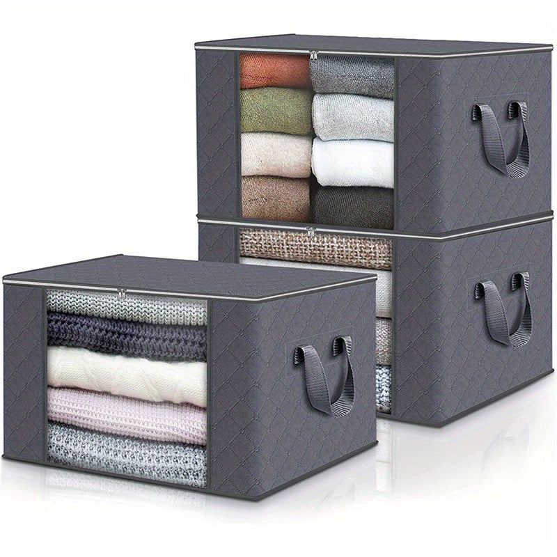 Large Capacity 3-Pack Foldable Grey Woven Fabric Storage Bins - Ideal for Home, Bedroom, Dorm, Spa Wardrobes - No Electricity Needed