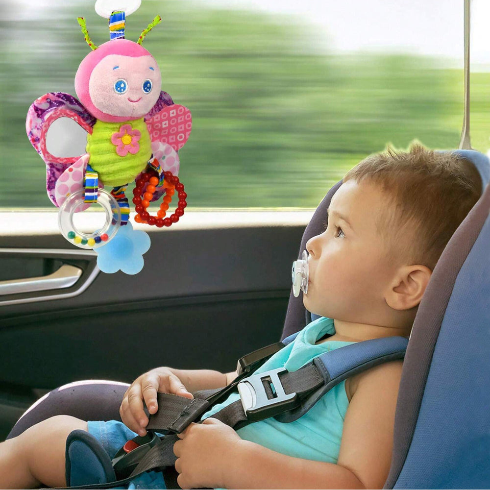 Baby Stroller Pendant Toy, Deep Pink, Polyester Fiber, Ringing, Plush Cartoon, Colorful and Stimulating, with Safety Seats, Haha Mirror, Sound Paper, Grab Loop, with Gum, for Baby