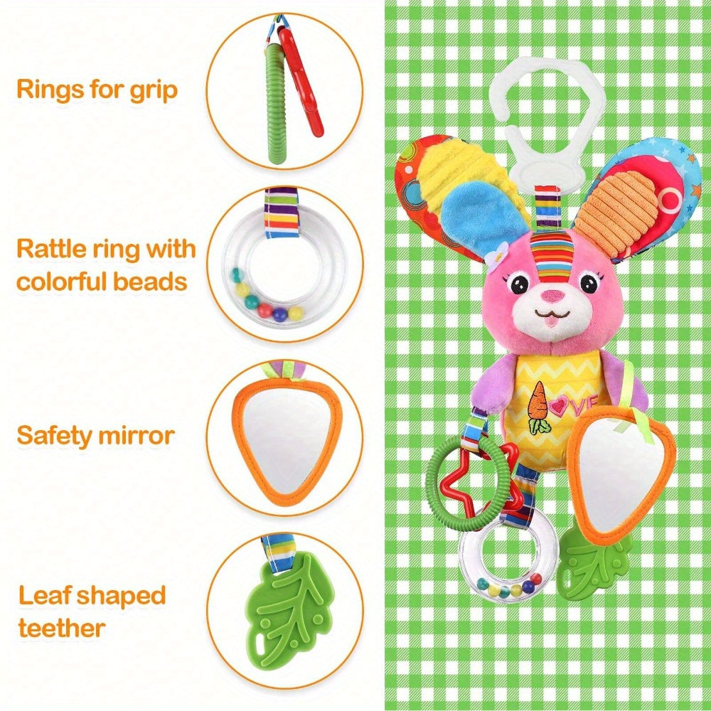 Baby Stroller Pendant Toy, Deep Pink, Polyester Fiber, Ringing, Plush Cartoon, Colorful and Stimulating, with Safety Seats, Haha Mirror, Sound Paper, Grab Loop, with Gum, for Baby