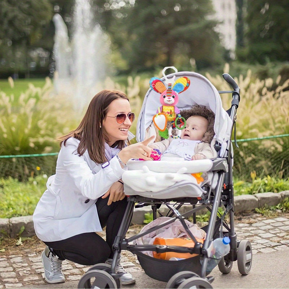 Baby Stroller Pendant Toy, Deep Pink, Polyester Fiber, Ringing, Plush Cartoon, Colorful and Stimulating, with Safety Seats, Haha Mirror, Sound Paper, Grab Loop, with Gum, for Baby