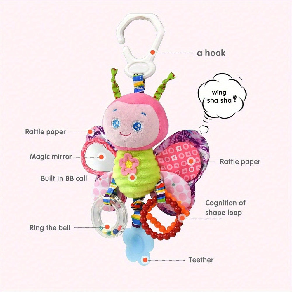 Baby Stroller Pendant Toy, Deep Pink, Polyester Fiber, Ringing, Plush Cartoon, Colorful and Stimulating, with Safety Seats, Haha Mirror, Sound Paper, Grab Loop, with Gum, for Baby