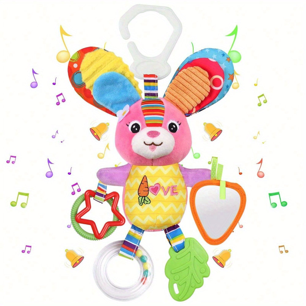 Baby Stroller Pendant Toy, Deep Pink, Polyester Fiber, Ringing, Plush Cartoon, Colorful and Stimulating, with Safety Seats, Haha Mirror, Sound Paper, Grab Loop, with Gum, for Baby