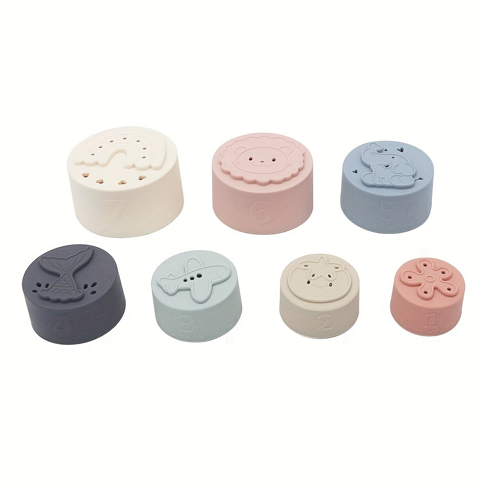 7pcs Baby Stacking Cups Toys, Silicone Multifunction Rainbow Stacking Tower Kids Puzzle Toy, Children Building Blocks Educational Toys