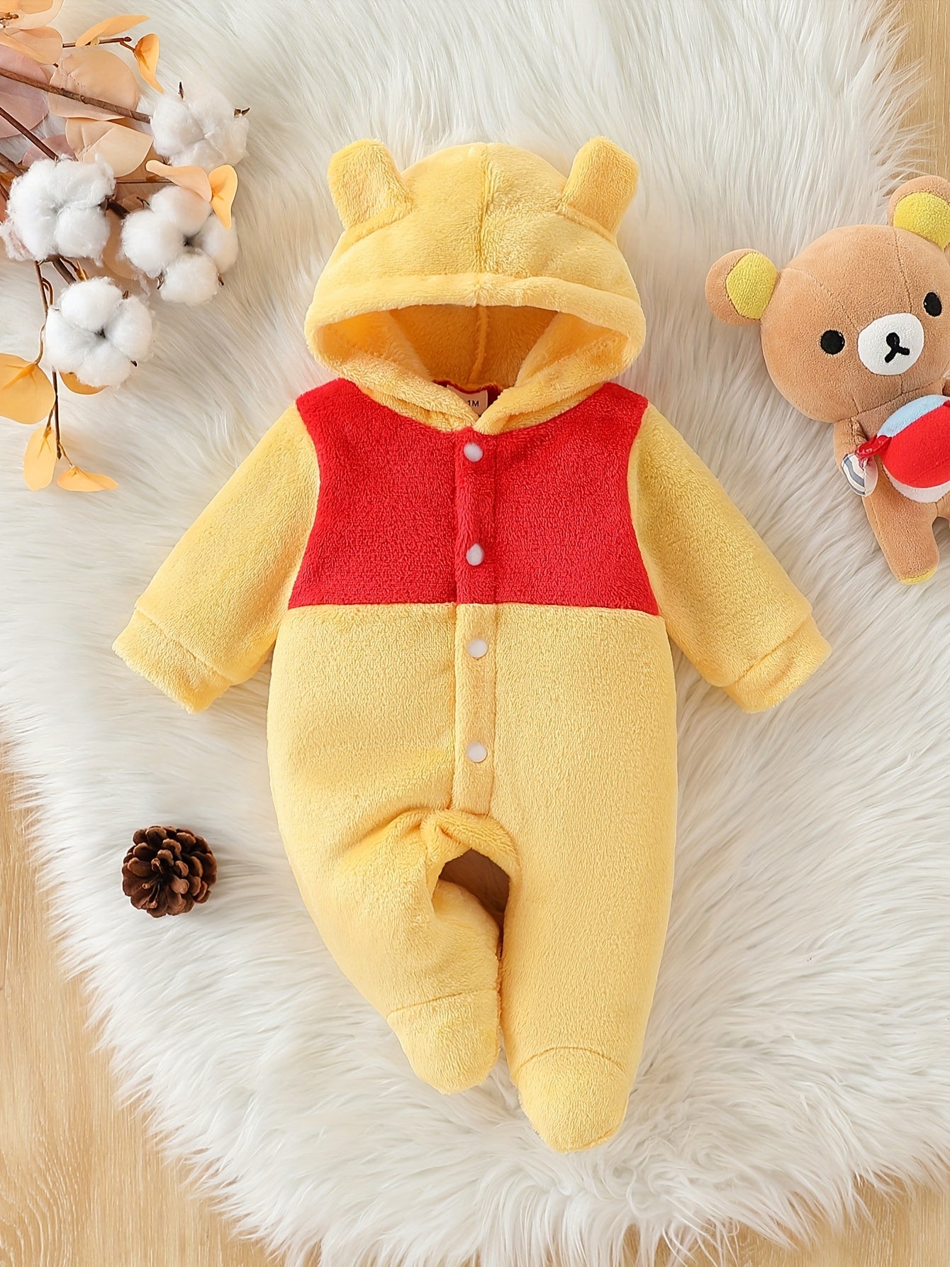 Autumn and Winter Cute Cartoon Themed Warm Plush Hooded Footed Romper for Baby Boys and Girls, Soft, Thickened, Warm and Comfortable, Daily Essential, Gift Box, Perfect for Outdoor, Winter Baby Clothes, Outdoor Baby Wear, Sof