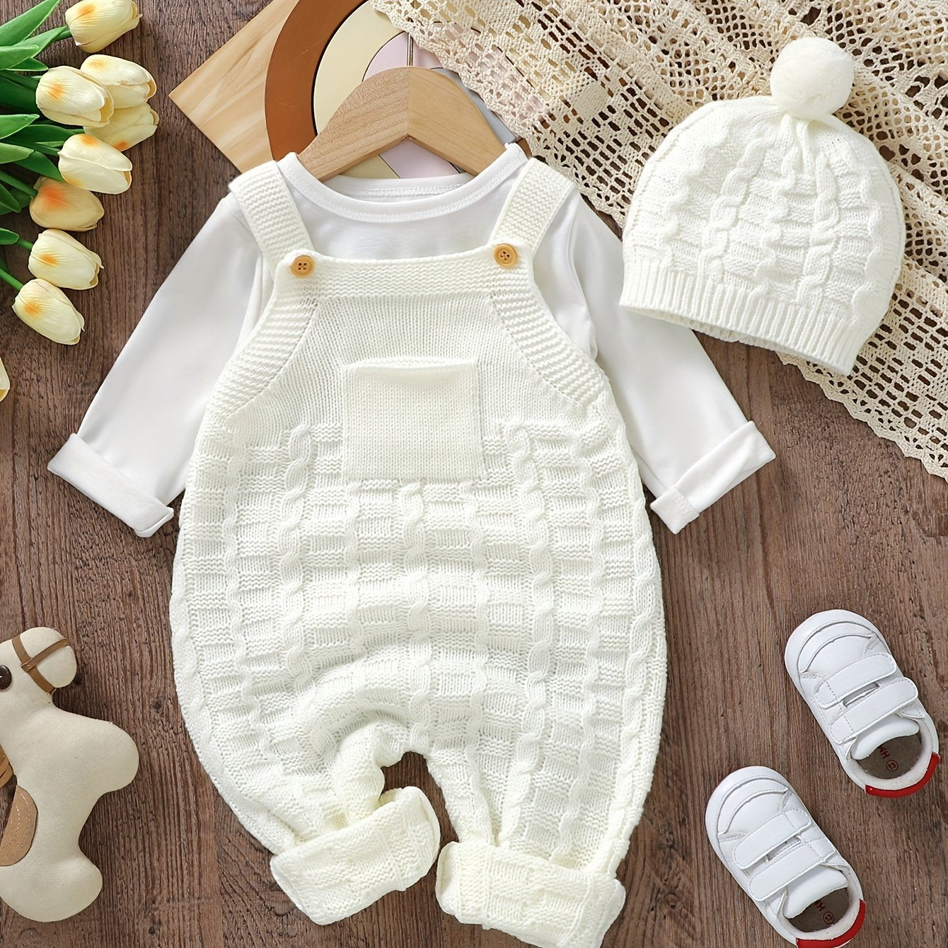 Infant Baby Wool Knitted Suspender Jumpsuit, Long Legs Climbing Suit With Hat Set Without Lining