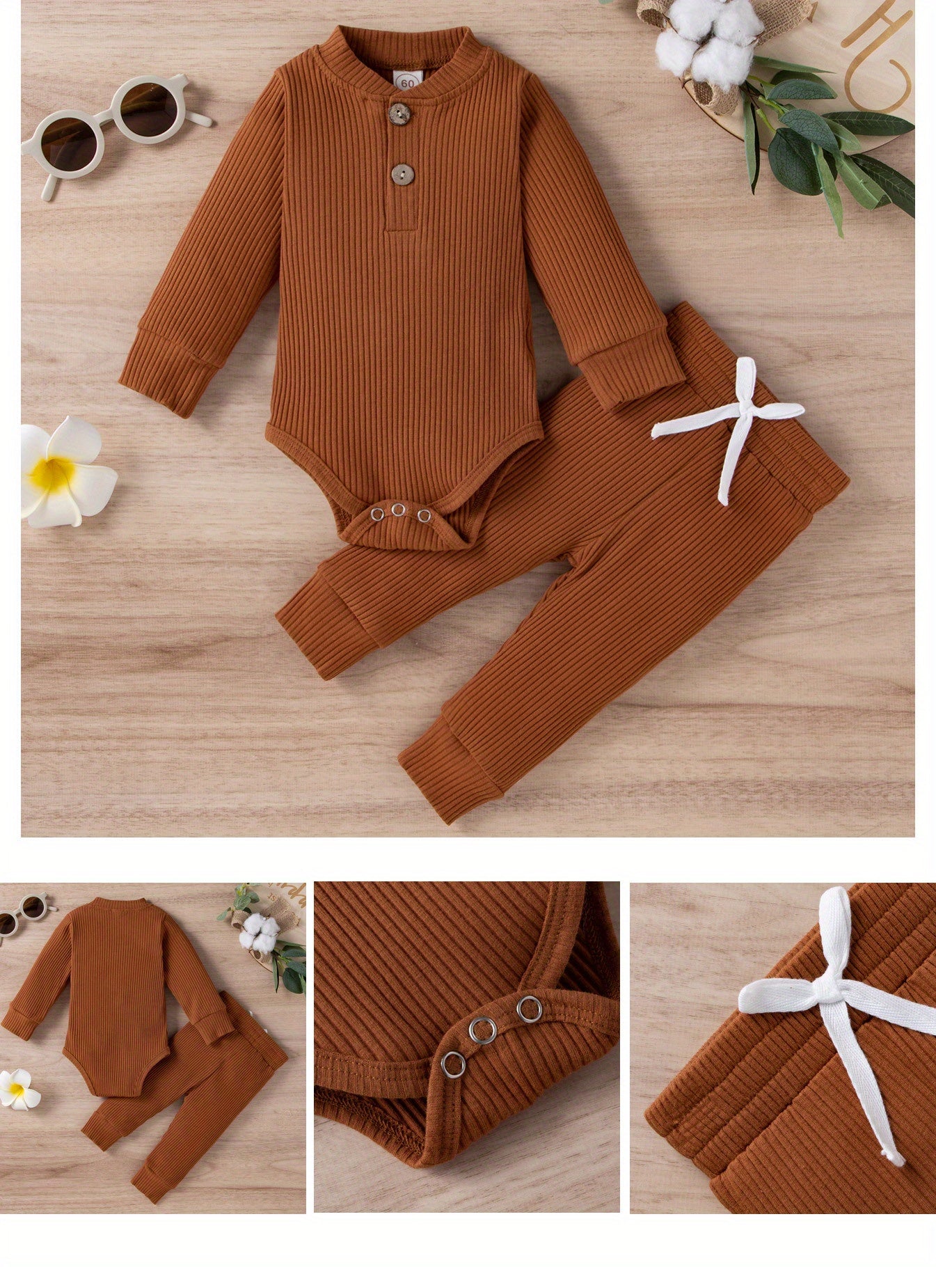 2pcs Baby Infant Boys And Girls Casual Plain Color Long Sleeve Onesie & Pants Set Clothes For Your Little One, Outdoor Cloth