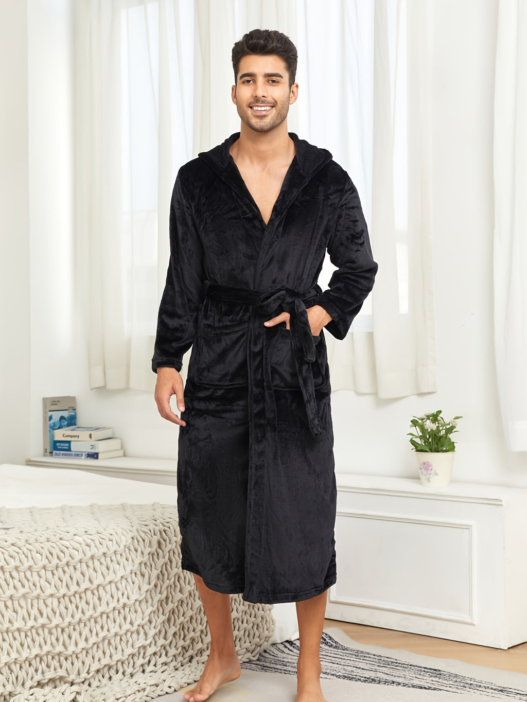 Ultra-Soft Flannel Double Layer Hooded Bathrobe for Men - Breathable, Comfy, Solid Color, with Belt, Perfect for Home Pajamas, Sleepwear, Night-Robe, After Bath Relaxation, Plush, Cozy, and Warm