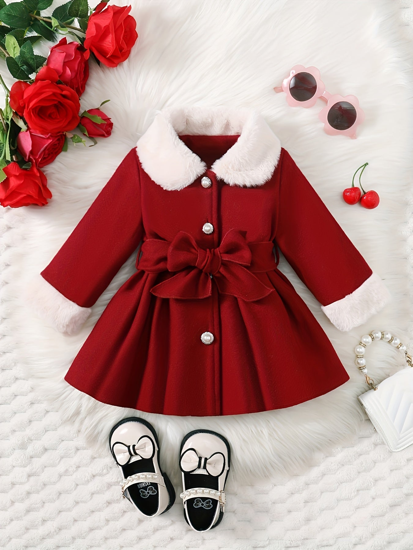 Baby's Elegant Fuzzy Collar Belted Coat, Button Front Warm Overcoat, Baby Girl's Clothing For Fall Winter Outdoor