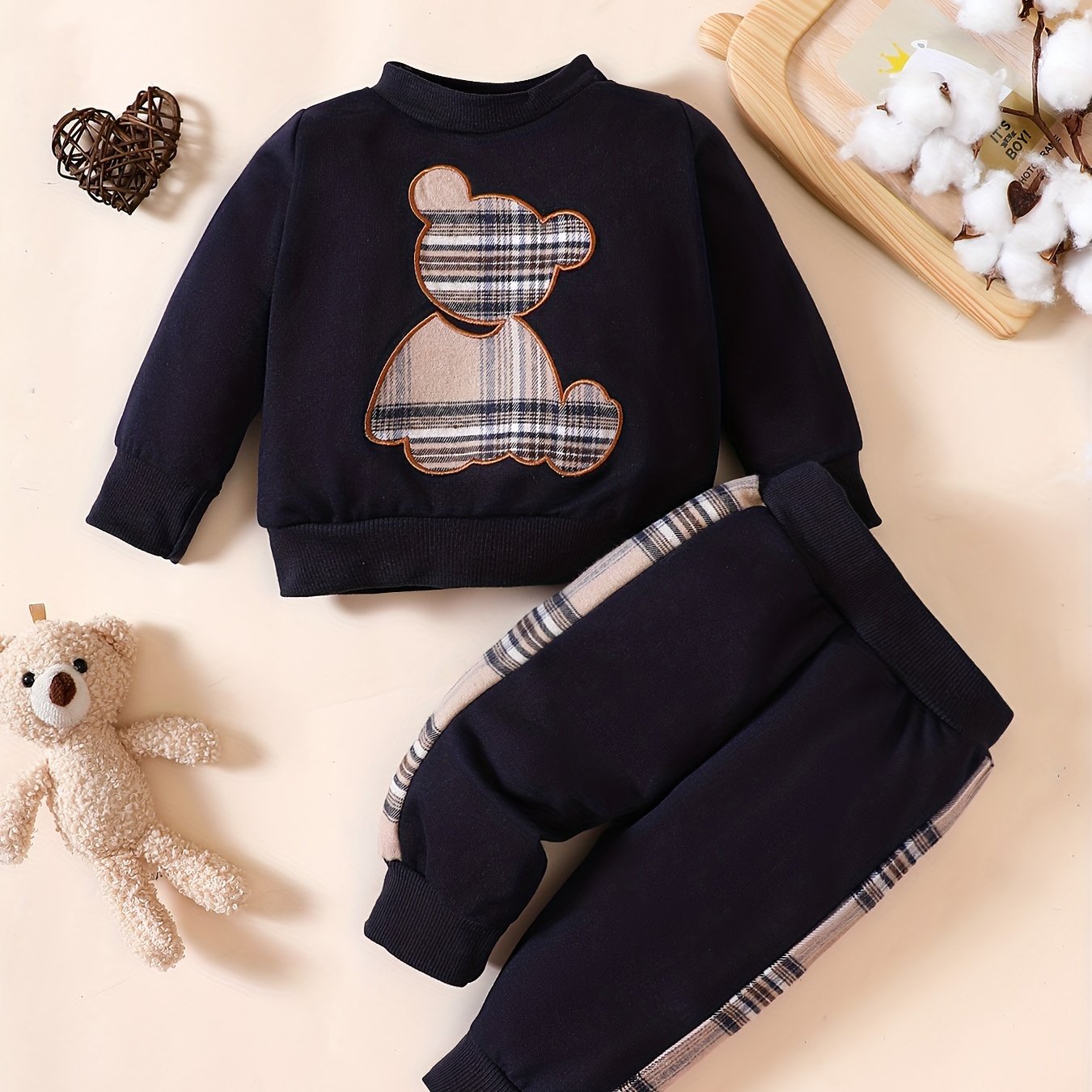 Popular Baby Plaid Bear Embroidery Set - Sweatshirt Tops Pants