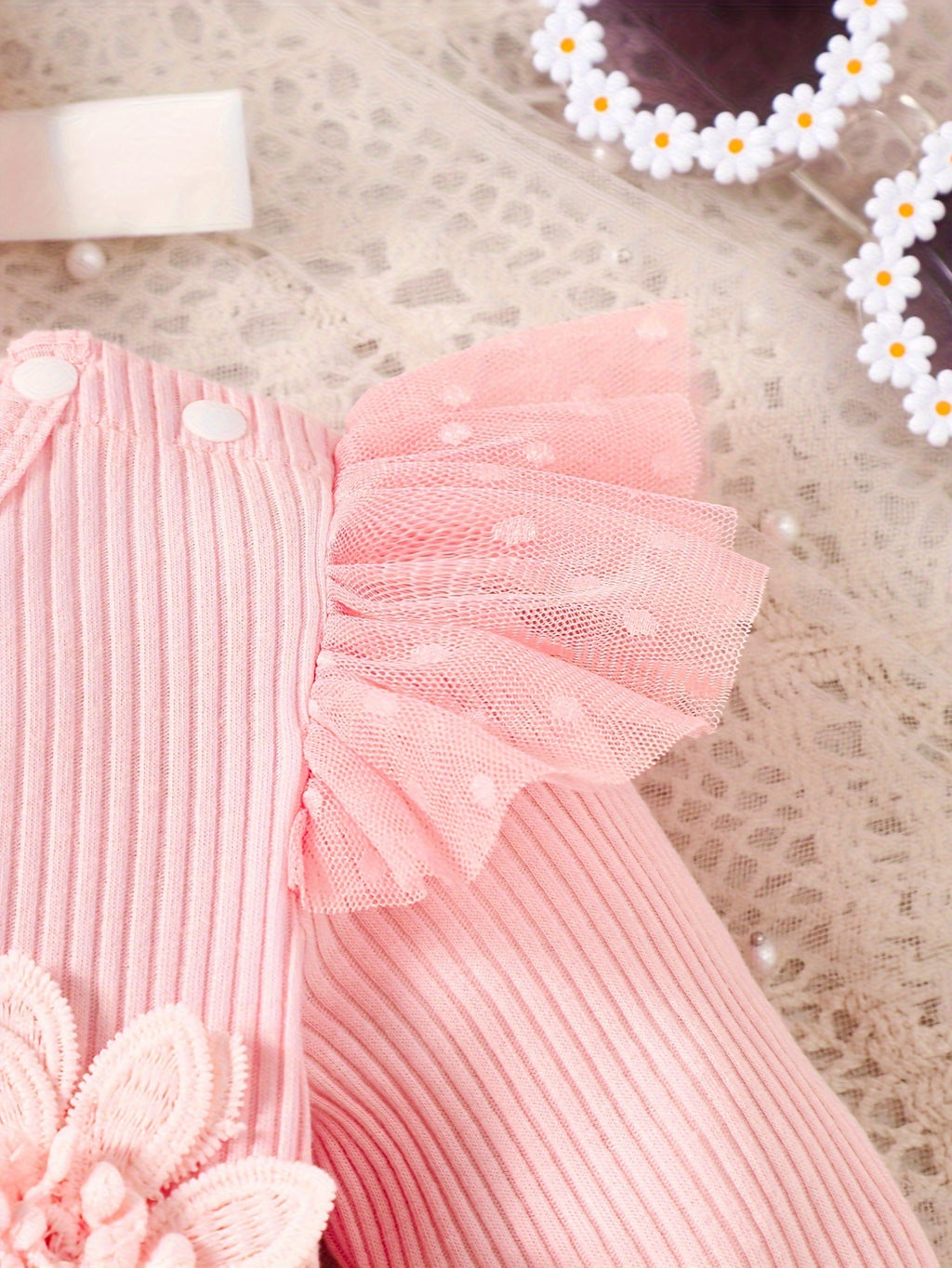 Infant Girls' Spring/Autumn Cotton Ribbed Tulle Dress with 3D Floral Appliques, Sweet Style, Solid Color, Slim Fit, Knit Fabric, with Matching Headband - Baby Outfit, For Outdoor