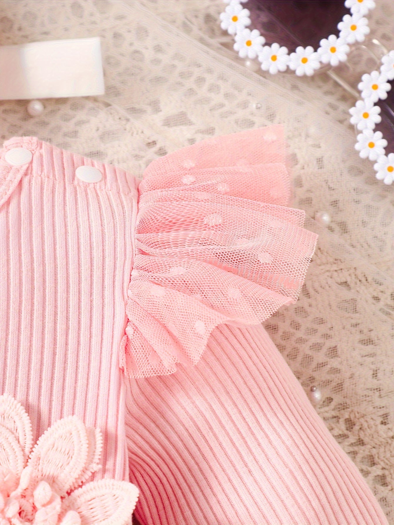 Infant Girls' Spring/Autumn Cotton Ribbed Tulle Dress with 3D Floral Appliques, Sweet Style, Solid Color, Slim Fit, Knit Fabric, with Matching Headband - Baby Outfit, For Outdoor