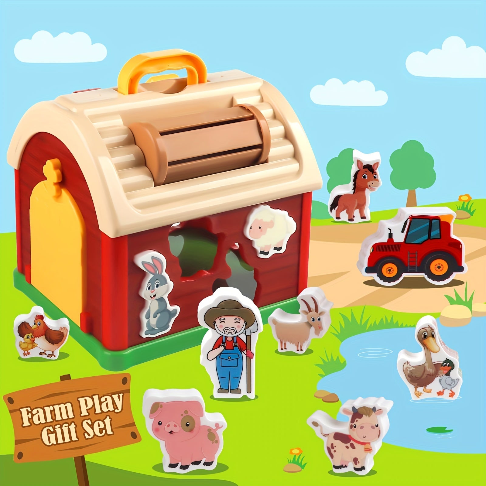 Farm animal toy children Plunack, Montessori sensory toy educational game, baby toy shape sorting machine farm, toddler girls and boys, birthday holiday Easter gifts for children aged 1-3