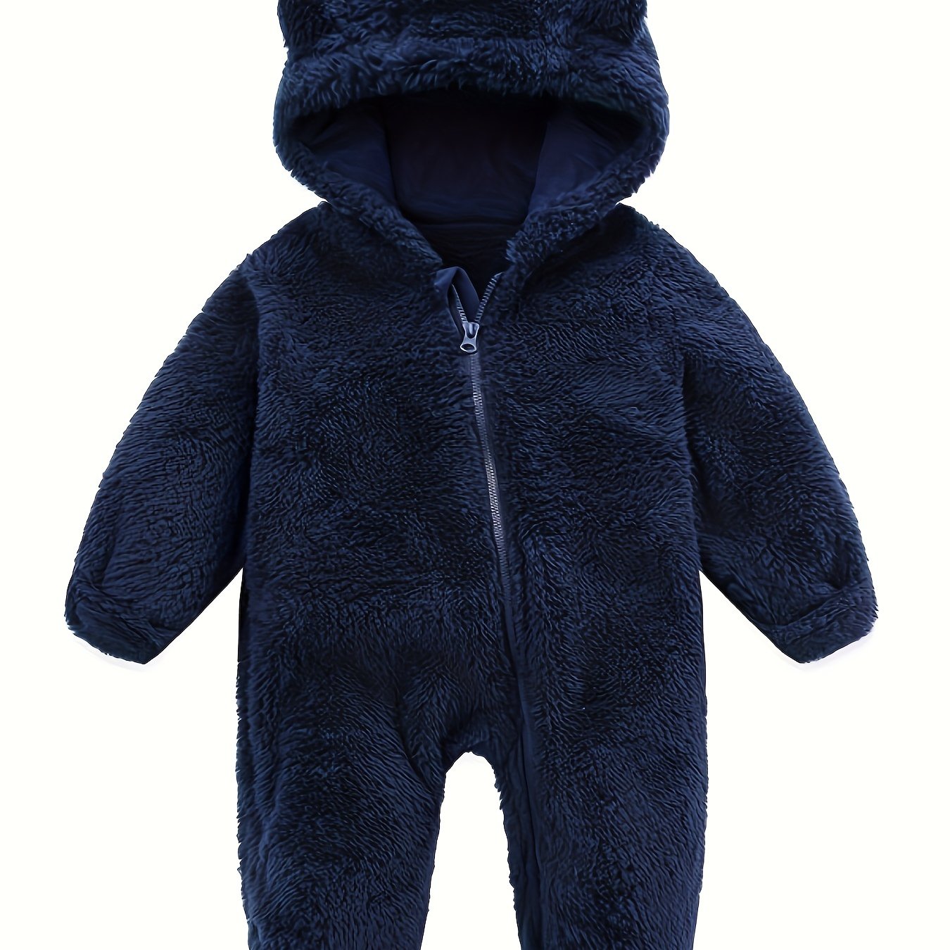 Skytwo Cozy Navy Blue Polar Fleece Baby Jumpsuit with Cute Bear Ears Hood - Soft, Warm, Windproof, Easy-Diaper Zipper, Elastic Cuffs for Winter Comfort, Baby Romper, Perfect for Outdoor