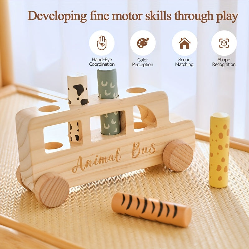 [Colorful Cartoon Toy] Colorful Wooden Baby Educational Cartoon Toy Car Set | Children's Cartoon Bouncy Toy Car, Push-Pull Press Toys | Souvenir Gifts for Babies, Christmas Halloween Easter Gifts