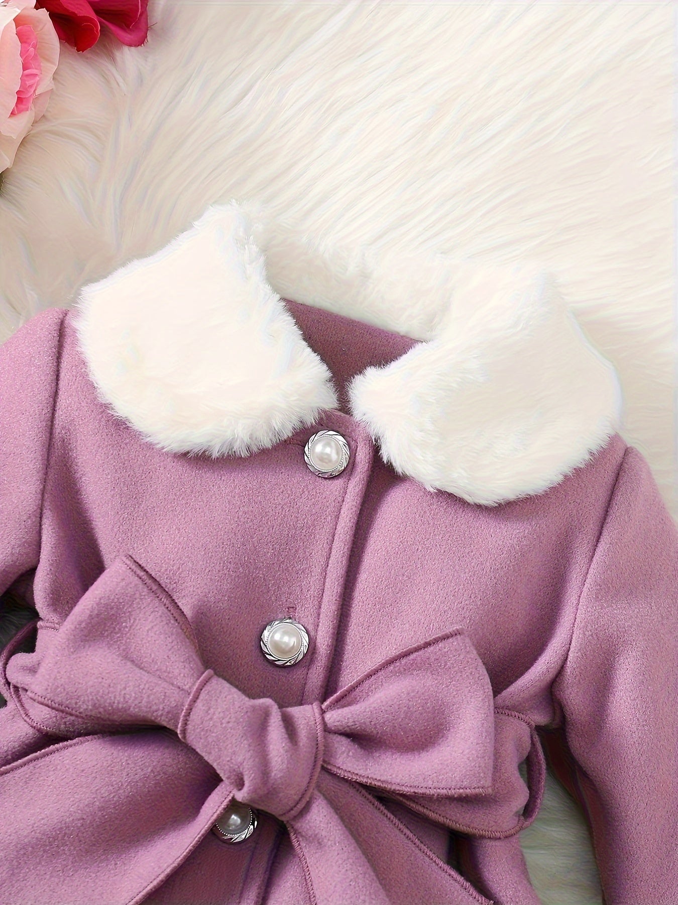 Baby's Elegant Fuzzy Collar Belted Coat, Button Front Warm Overcoat, Baby Girl's Clothing For Fall Winter Outdoor