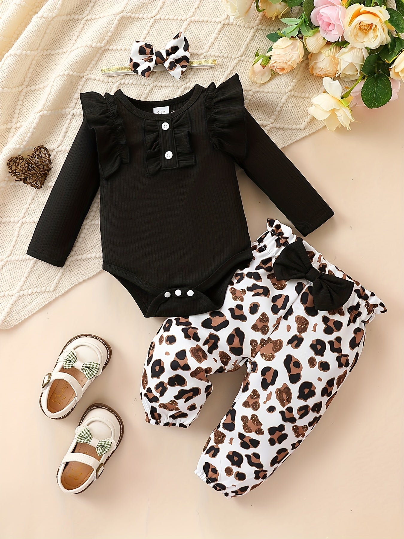 Cute Baby 3pcs Outfits - Floral/leopard Pants & Ruffle Long Sleeve Infant Romper & Headband Set Outdoor Set