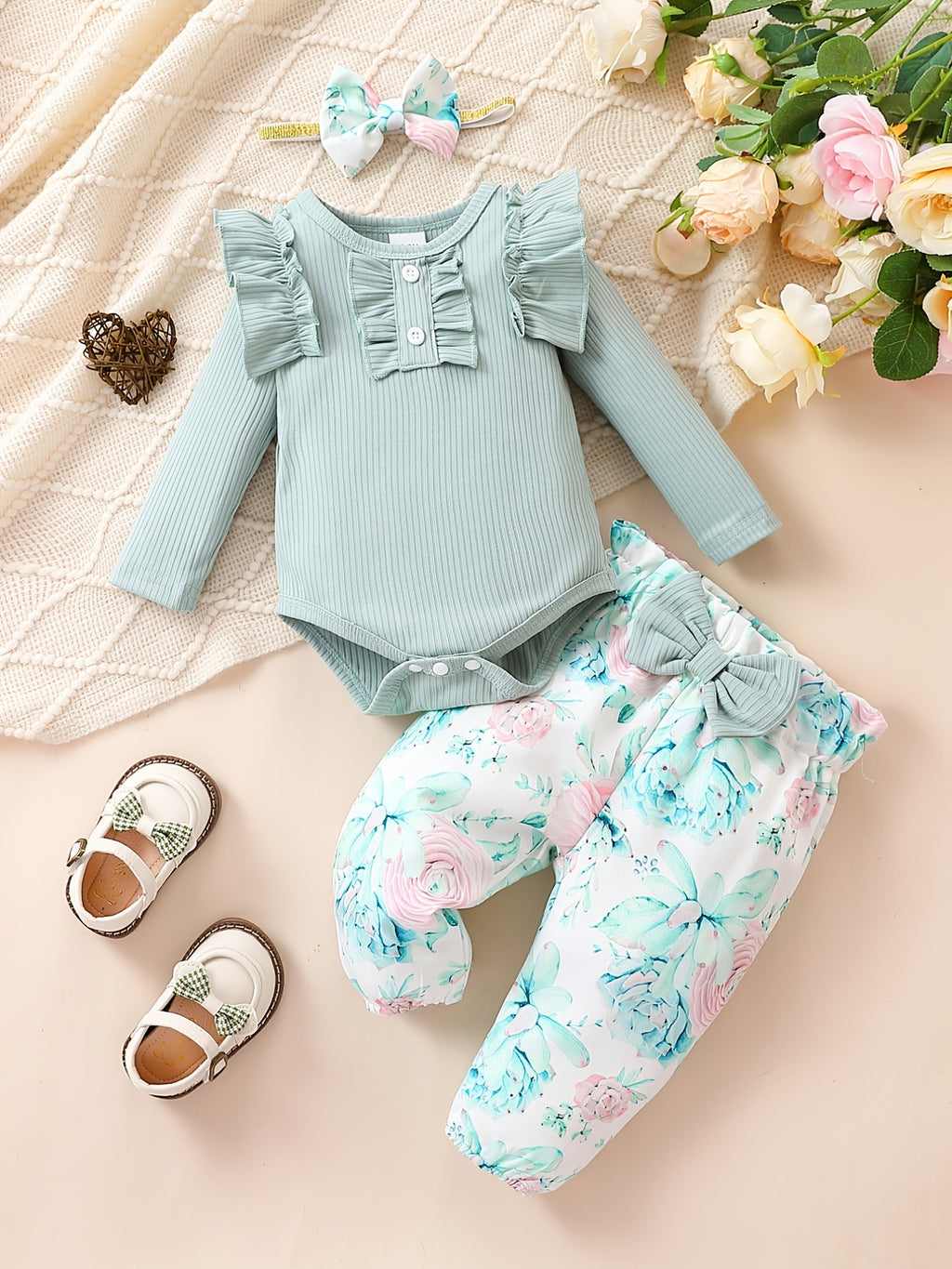 Cute Baby 3pcs Outfits - Floral/leopard Pants & Ruffle Long Sleeve Infant Romper & Headband Set Outdoor Set