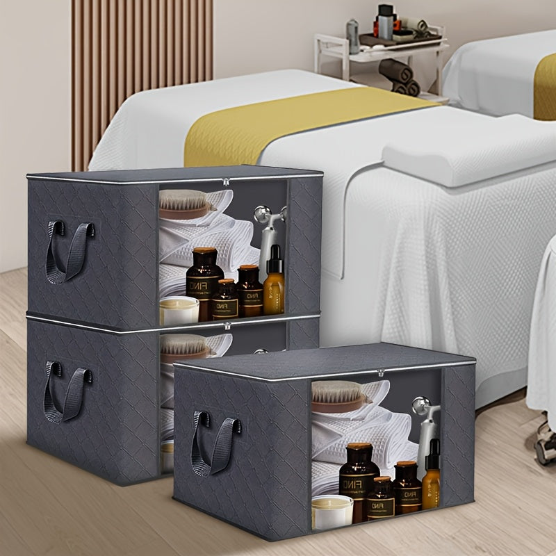 Large Capacity 3-Pack Foldable Grey Woven Fabric Storage Bins - Ideal for Home, Bedroom, Dorm, Spa Wardrobes - No Electricity Needed