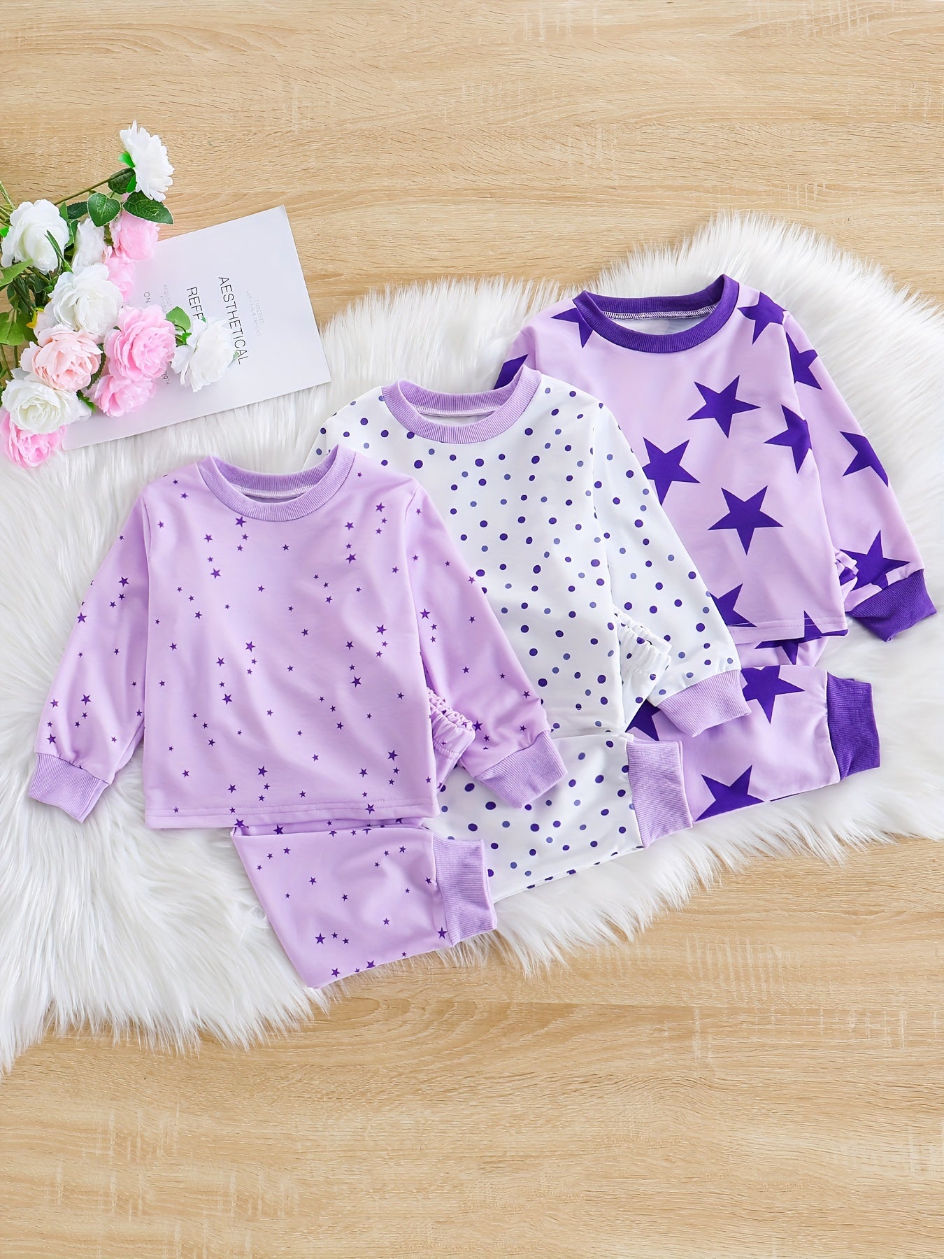 3 Sets Baby Girl's Pink Series Star Pattern Long Sleeve Top & Trousers Pajama Set, Comfy & Skin-friendly PJ Set, Baby Girl's Loungewear, As Daily Gift