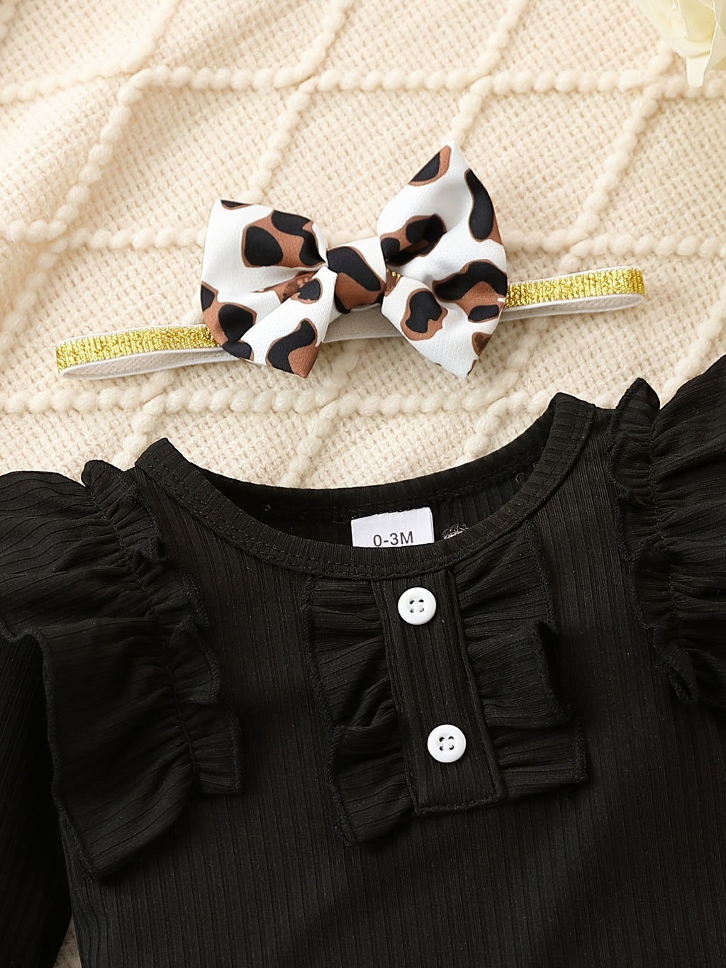 Cute Baby 3pcs Outfits - Floral/leopard Pants & Ruffle Long Sleeve Infant Romper & Headband Set Outdoor Set