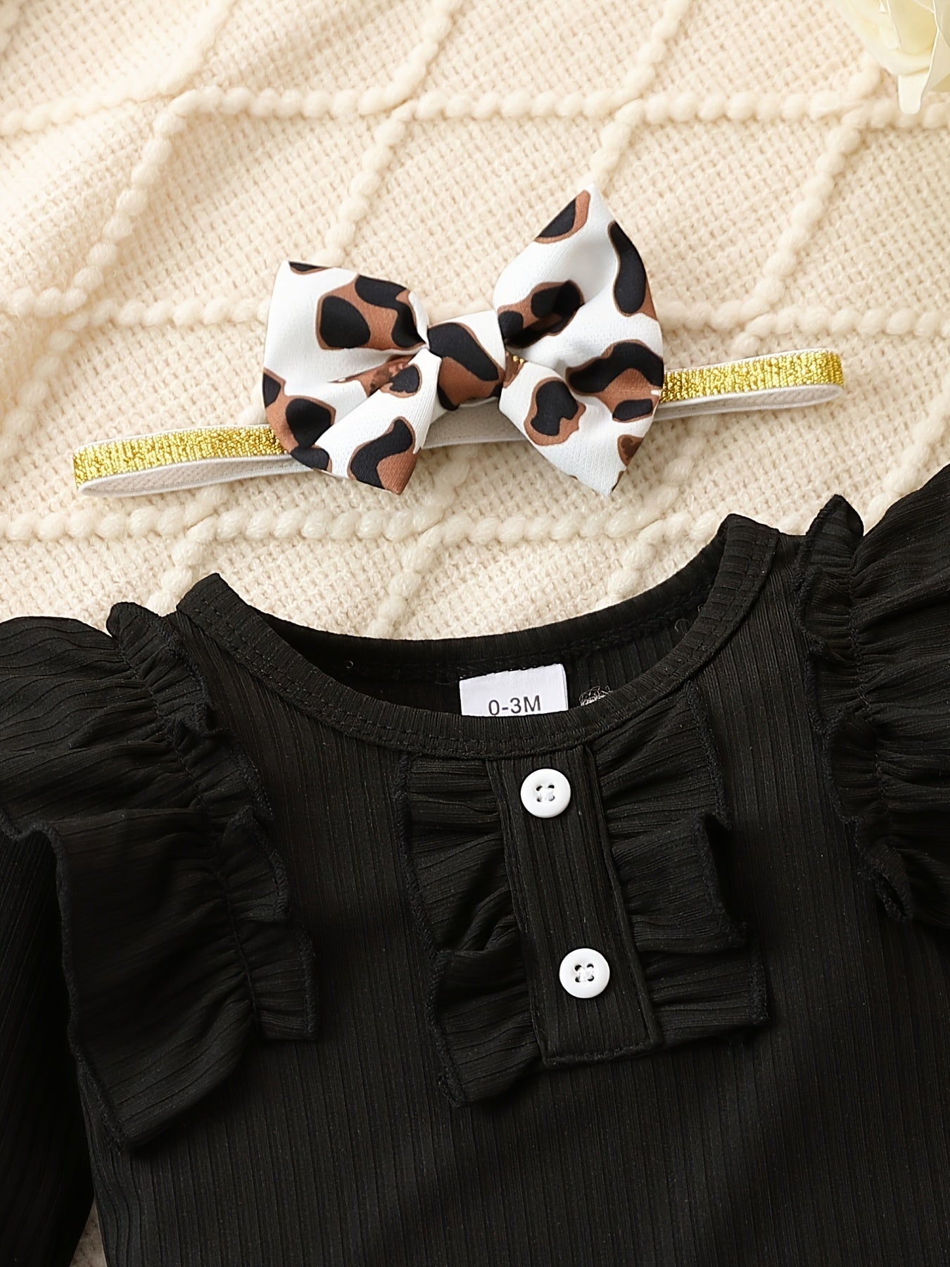 Cute Baby 3pcs Outfits - Floral/leopard Pants & Ruffle Long Sleeve Infant Romper & Headband Set Outdoor Set