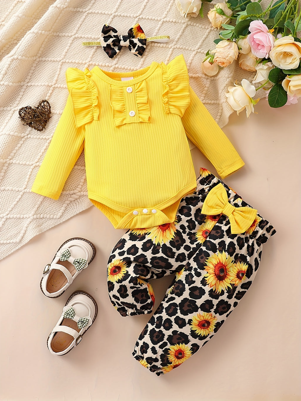 Cute Baby 3pcs Outfits - Floral/leopard Pants & Ruffle Long Sleeve Infant Romper & Headband Set Outdoor Set