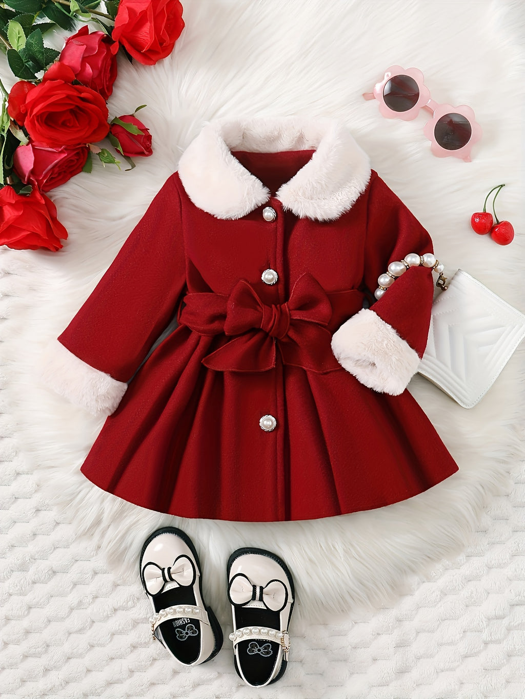 Baby's Elegant Fuzzy Collar Belted Coat, Button Front Warm Overcoat, Baby Girl's Clothing For Fall Winter Outdoor