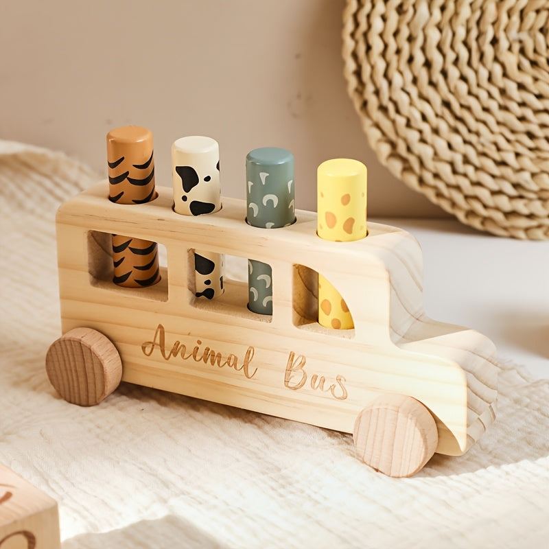 [Colorful Cartoon Toy] Colorful Wooden Baby Educational Cartoon Toy Car Set | Children's Cartoon Bouncy Toy Car, Push-Pull Press Toys | Souvenir Gifts for Babies, Christmas Halloween Easter Gifts