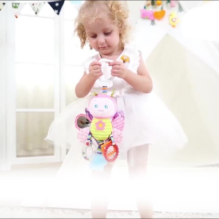 Baby Stroller Pendant Toy, Deep Pink, Polyester Fiber, Ringing, Plush Cartoon, Colorful and Stimulating, with Safety Seats, Haha Mirror, Sound Paper, Grab Loop, with Gum, for Baby