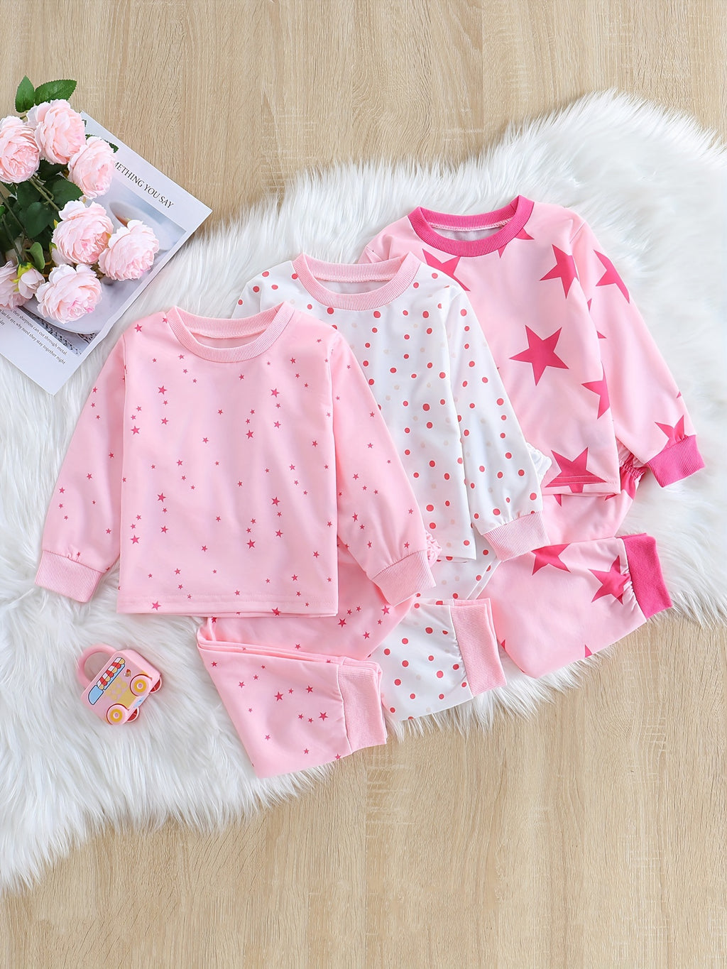 3 Sets Baby Girl's Pink Series Star Pattern Long Sleeve Top & Trousers Pajama Set, Comfy & Skin-friendly PJ Set, Baby Girl's Loungewear, As Daily Gift